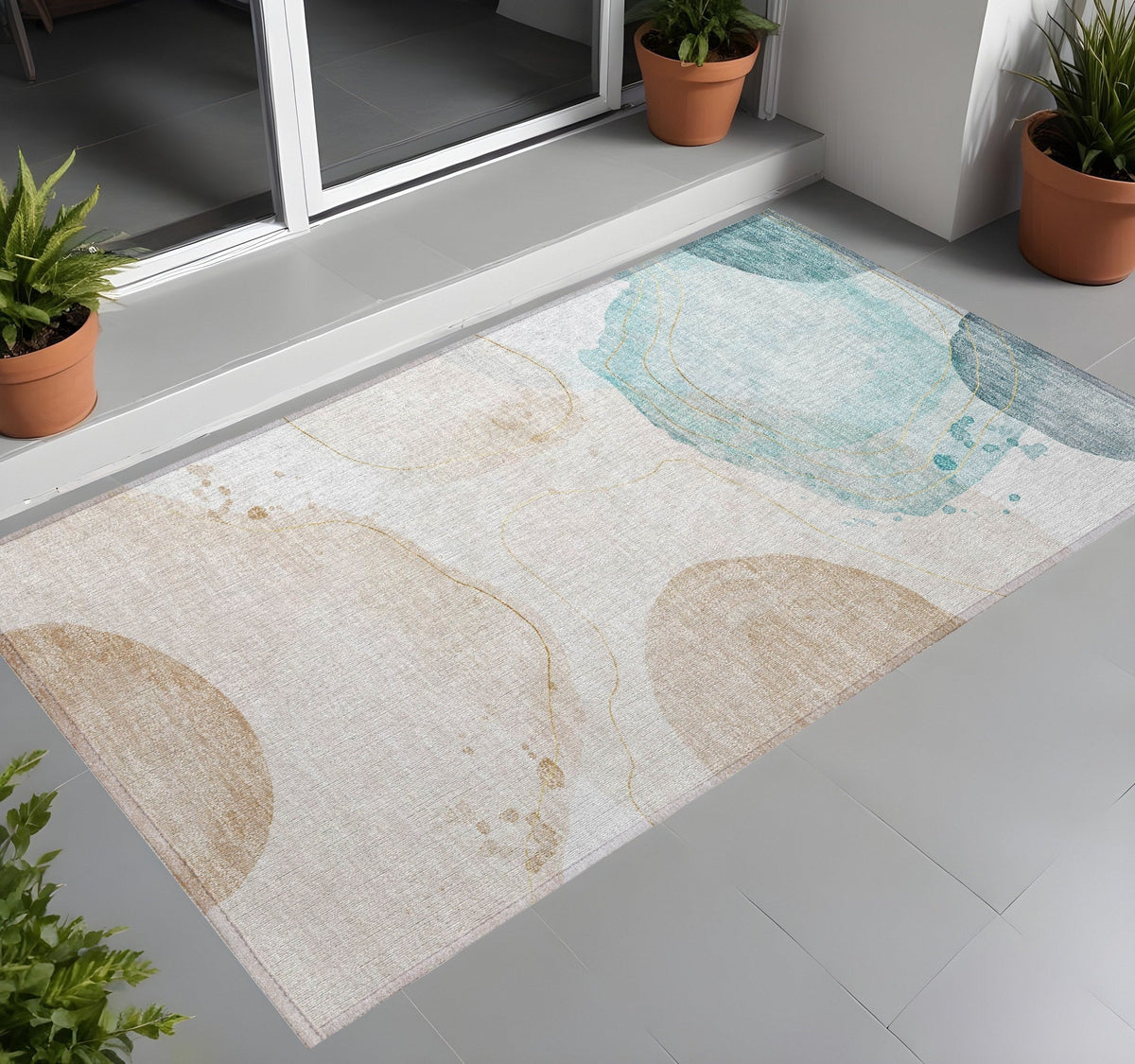 3' X 5' Beige and Blue Abstract Washable Non Skid Indoor Outdoor Area Rug LuxuryLifeWay Online Store