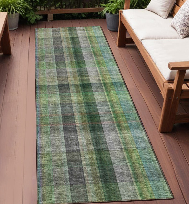 2' X 8' Green Beige and Gray Plaid Washable Non Skid Indoor Outdoor Area Rug LuxuryLifeWay Online Store