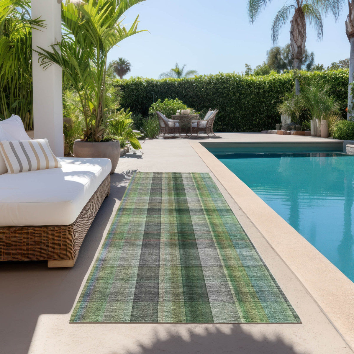 2' X 8' Green Beige and Gray Plaid Washable Non Skid Indoor Outdoor Area Rug LuxuryLifeWay Online Store