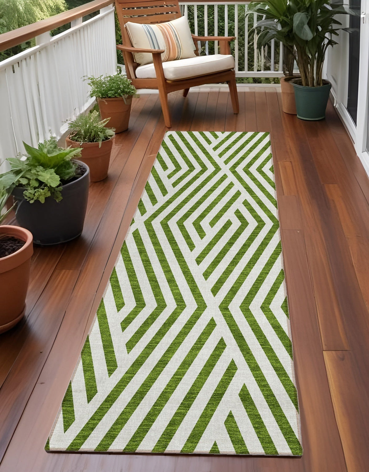 8' Runner Lime Green and White Geometric Washable Non Skid Indoor Outdoor Runner Rug LuxuryLifeWay Online Store