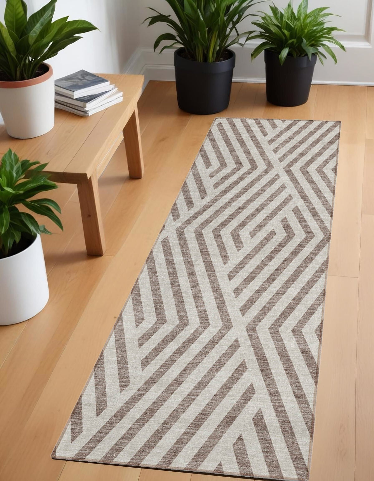 8' Runner Taupe and Ivory Geometric Washable Non Skid Indoor Outdoor Runner Rug LuxuryLifeWay Online Store
