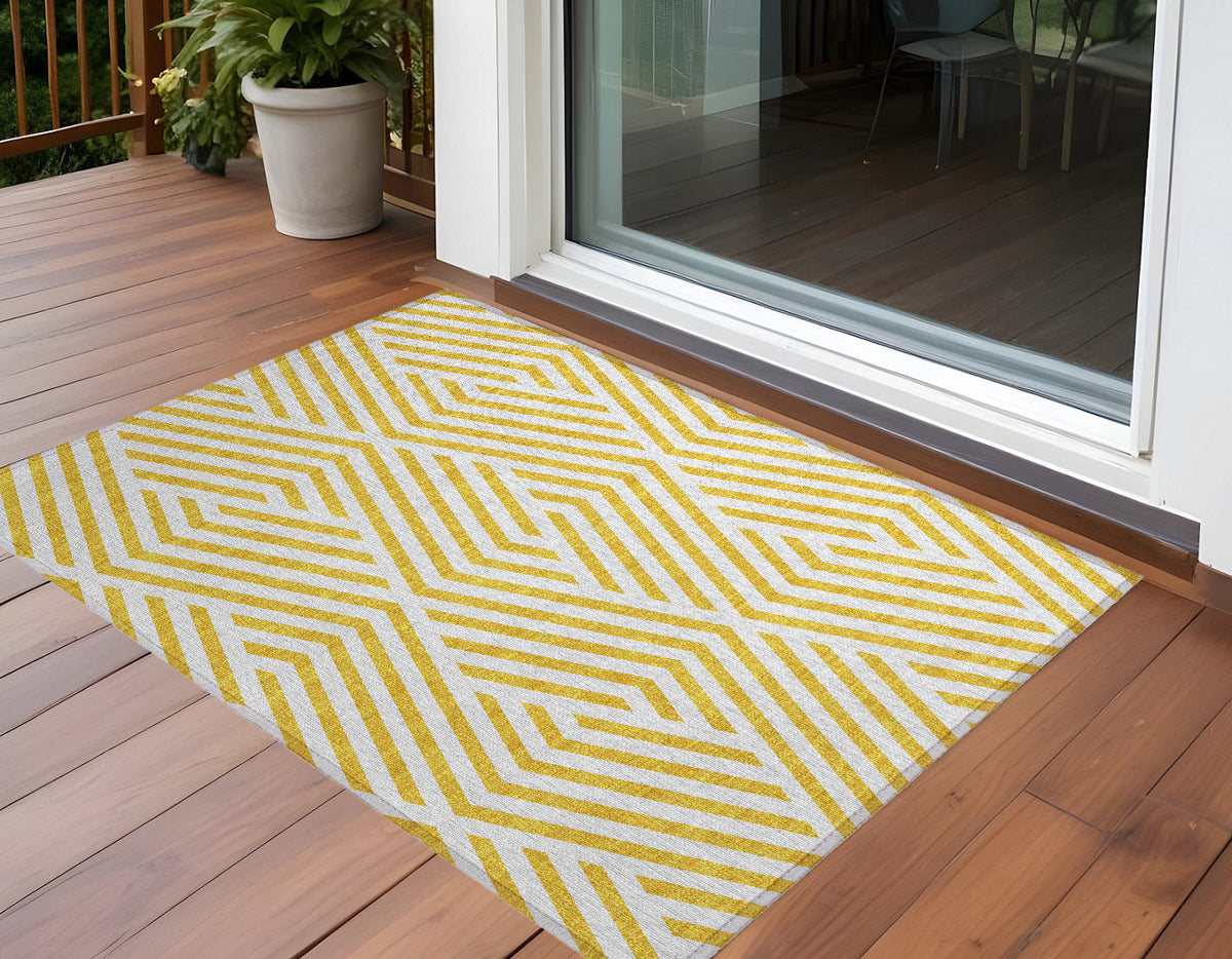 3' X 5' Gold and White Geometric Washable Non Skid Indoor Outdoor Area Rug LuxuryLifeWay Online Store