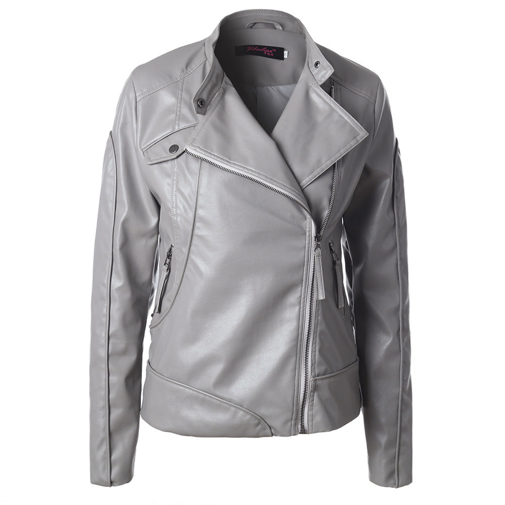 Stand Collar Side Zipper Leather Coat Motorcycle Jacket LadyShow.Store