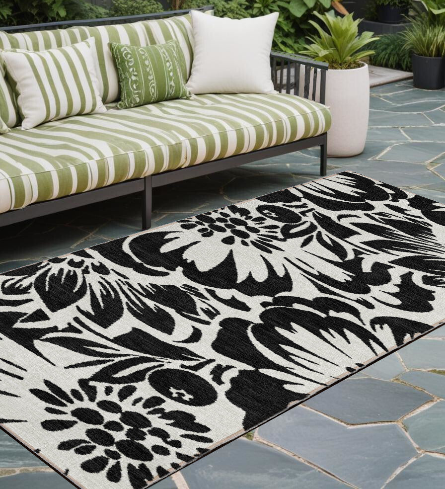 8' Runner Black and Ivory Floral Washable Non Skid Indoor Outdoor Runner Rug LuxuryLifeWay Online Store