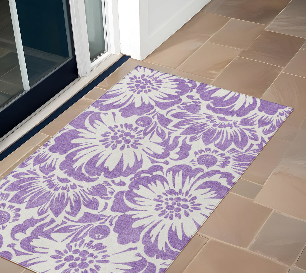 3' X 5' Purple and Ivory Floral Washable Non Skid Indoor Outdoor Area Rug LuxuryLifeWay Online Store