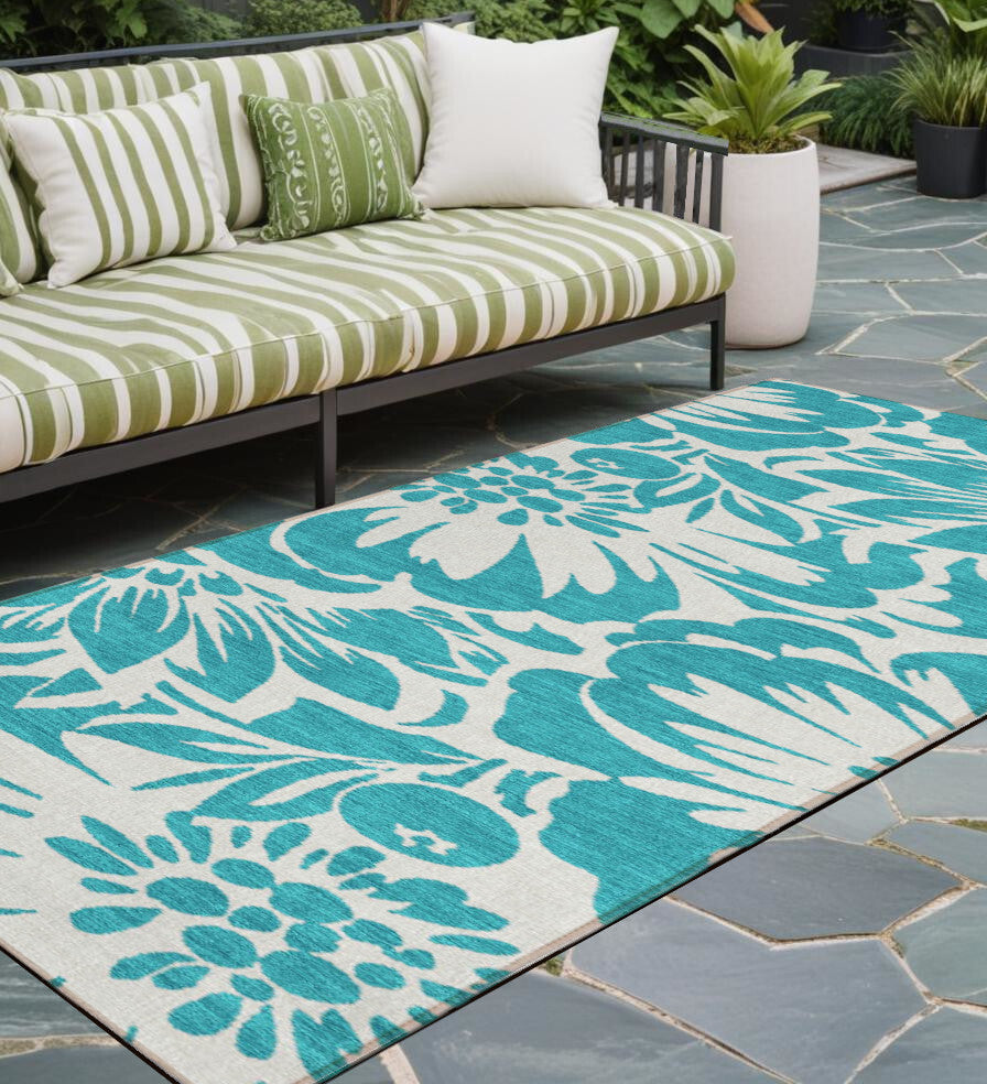 2' X 8' Teal and Ivory Floral Washable Non Skid Indoor Outdoor Runner Rug LuxuryLifeWay Online Store