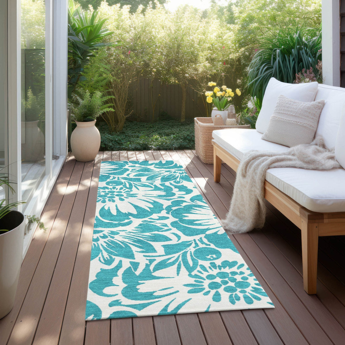 2' X 8' Teal and Ivory Floral Washable Non Skid Indoor Outdoor Runner Rug LuxuryLifeWay Online Store