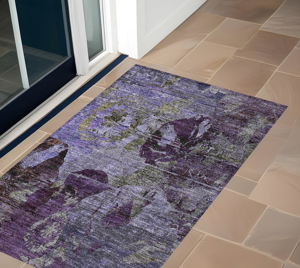 3' X 5' Purple and Green Floral Washable Non Skid Indoor Outdoor Area Rug LuxuryLifeWay Online Store
