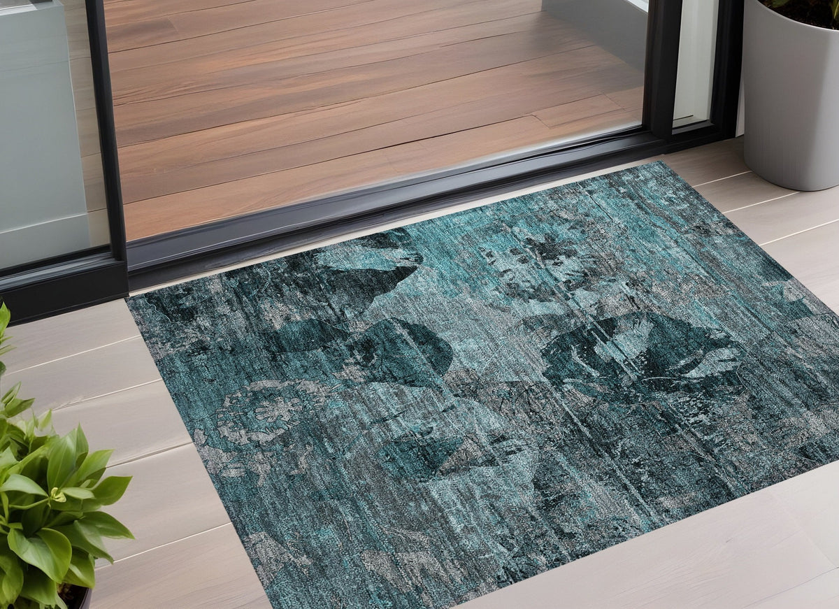 3' X 5' Teal and Gray Floral Washable Non Skid Indoor Outdoor Area Rug LuxuryLifeWay Online Store