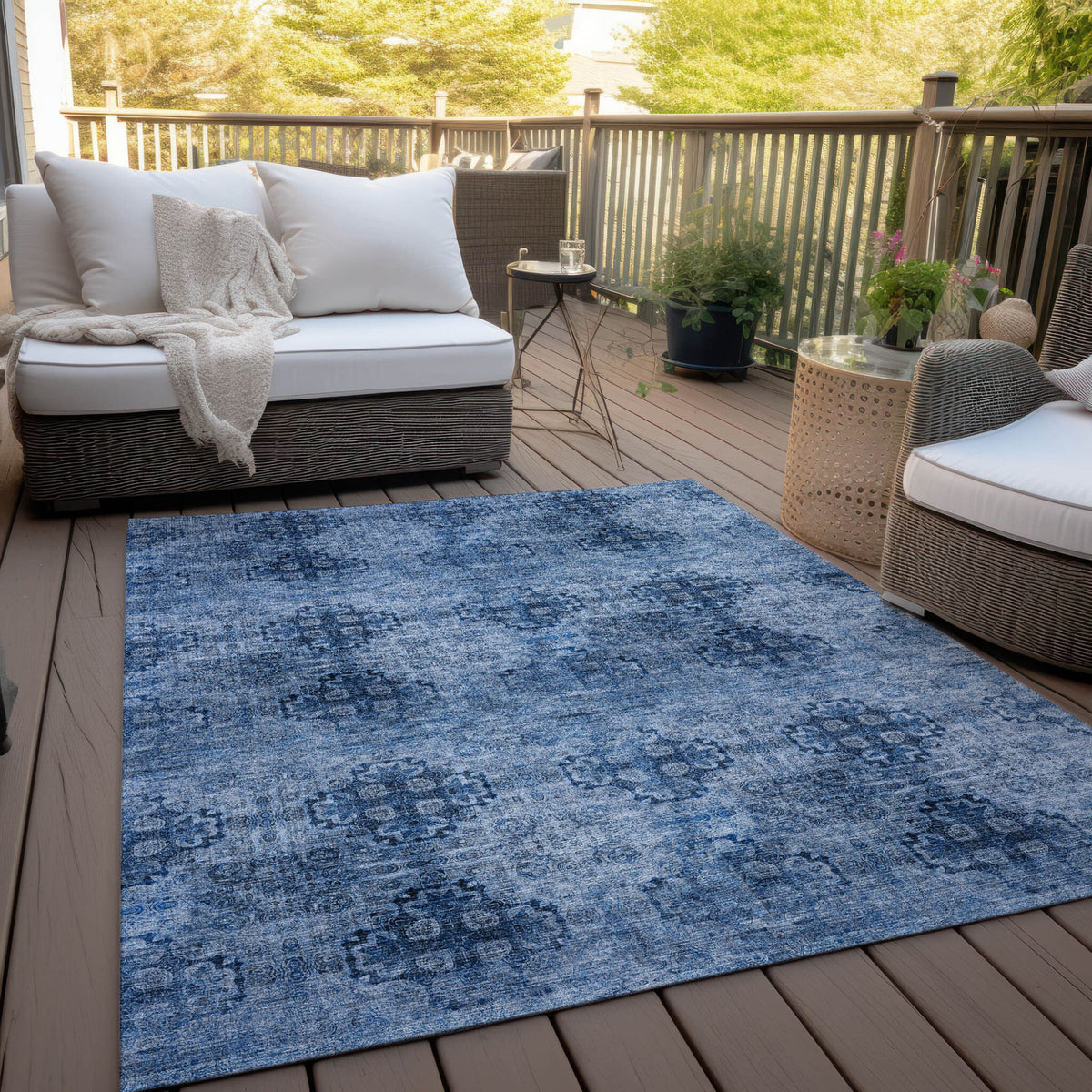 3' X 5' Navy Blue Floral Medallion Washable Non Skid Indoor Outdoor Area Rug LuxuryLifeWay Online Store