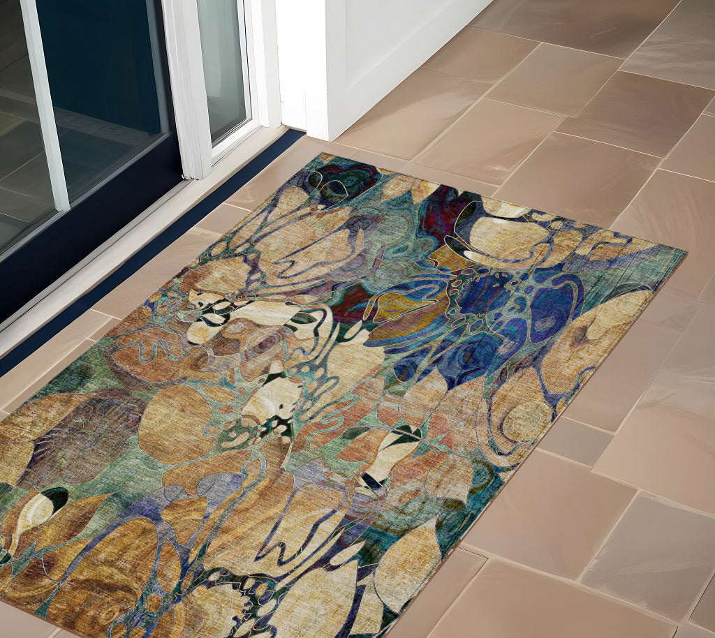 3' X 5' Beige and Blue Abstract Washable Indoor Outdoor Area Rug LuxuryLifeWay Online Store