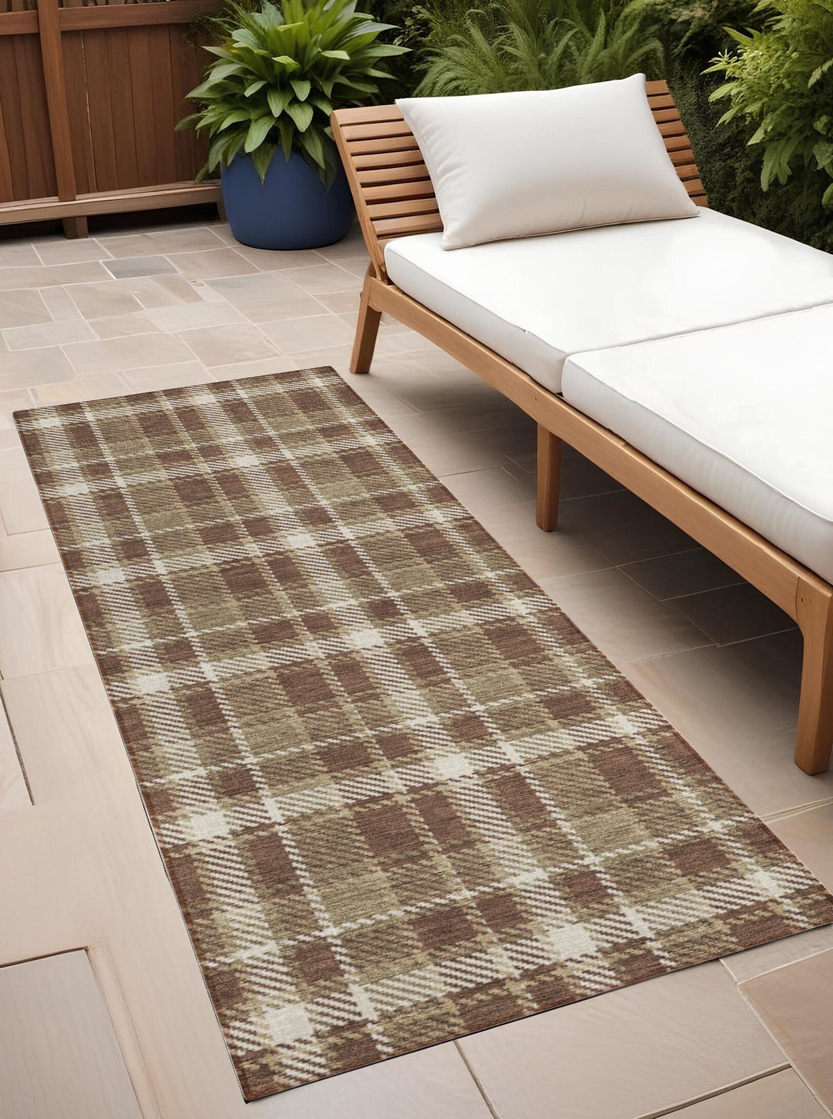 8' Runner Chocolate and Ivory Plaid Washable Non Skid Indoor Outdoor Runner Rug LuxuryLifeWay Online Store