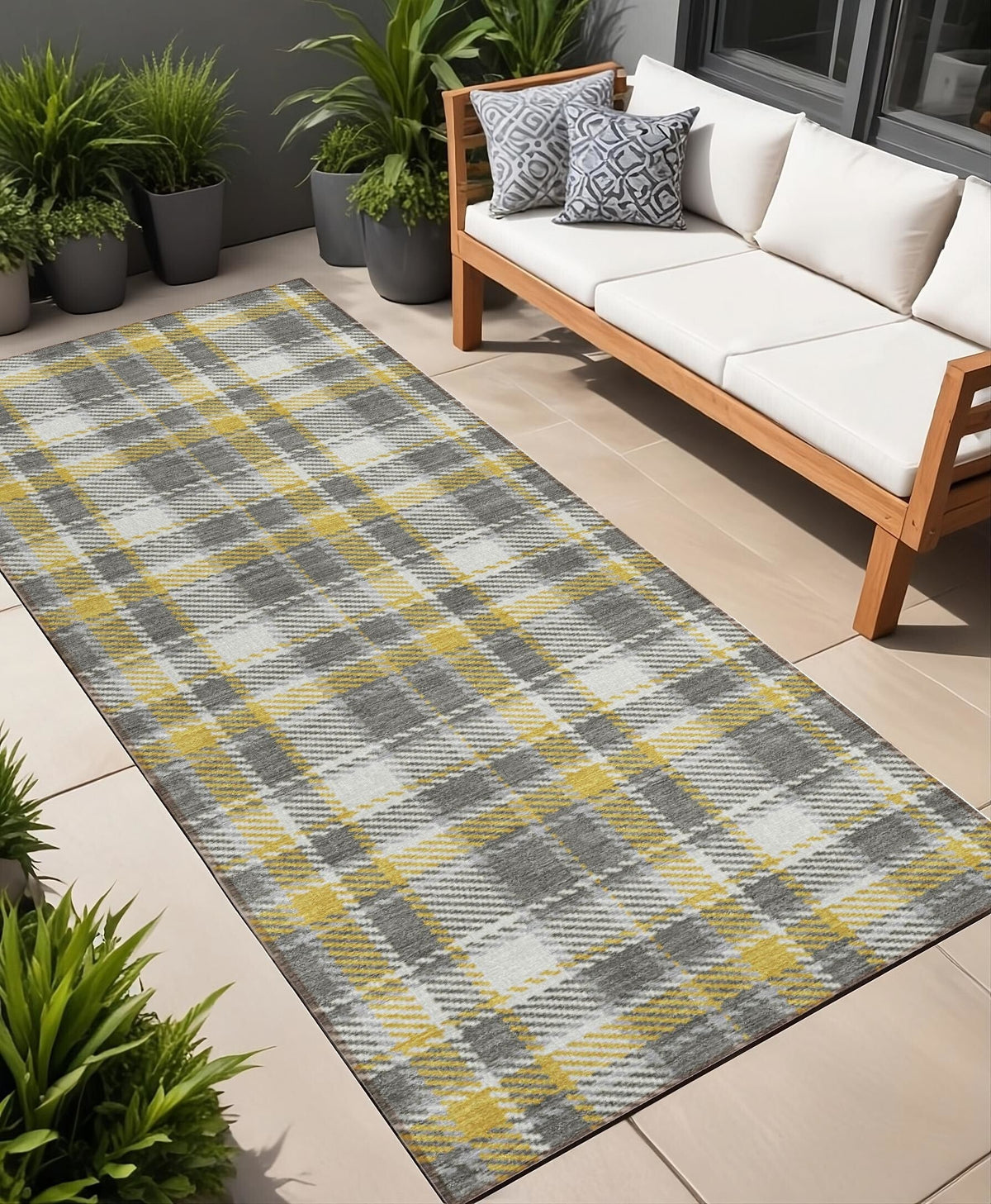 8' Runner Gray Yellow and White Plaid Washable Non Skid Indoor Outdoor Runner Rug LuxuryLifeWay Online Store