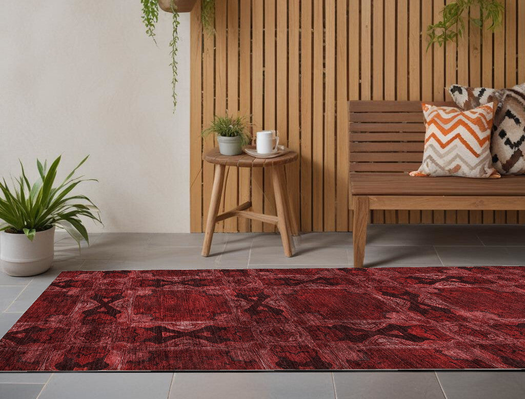 8' Runner Burgundy and Black Floral Medallion Washable Non Skid Indoor Outdoor Runner Rug LuxuryLifeWay Online Store