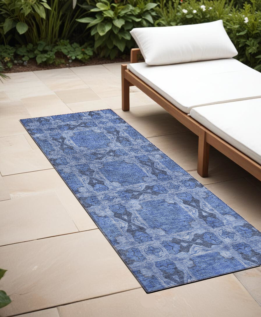 8' Runner Denim Blue and Gray Floral Medallion Washable Non Skid Indoor Outdoor Runner Rug LuxuryLifeWay Online Store