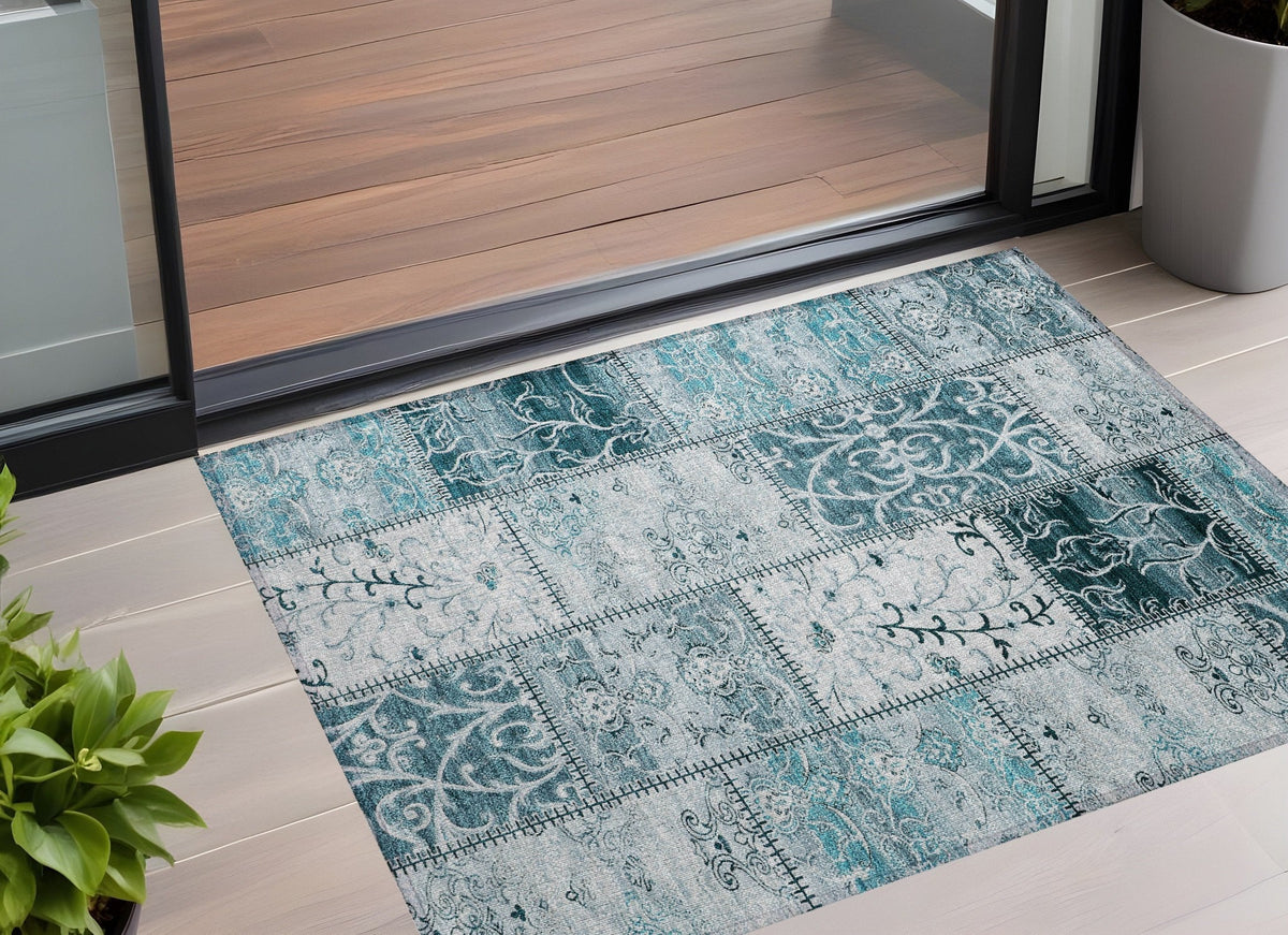 3' X 5' Teal Patchwork Washable Non Skid Indoor Outdoor Area Rug LuxuryLifeWay Online Store