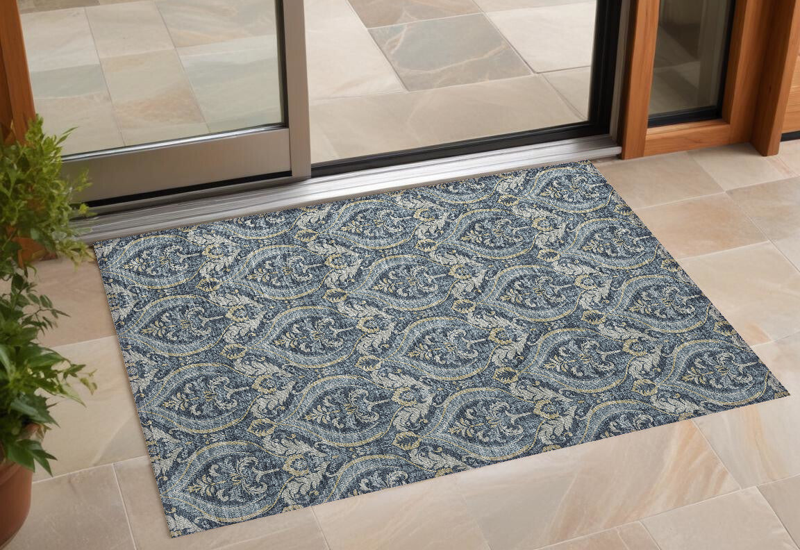 3' X 5' Blue and Cream Damask Washable Non Skid Indoor Outdoor Area Rug LuxuryLifeWay Online Store