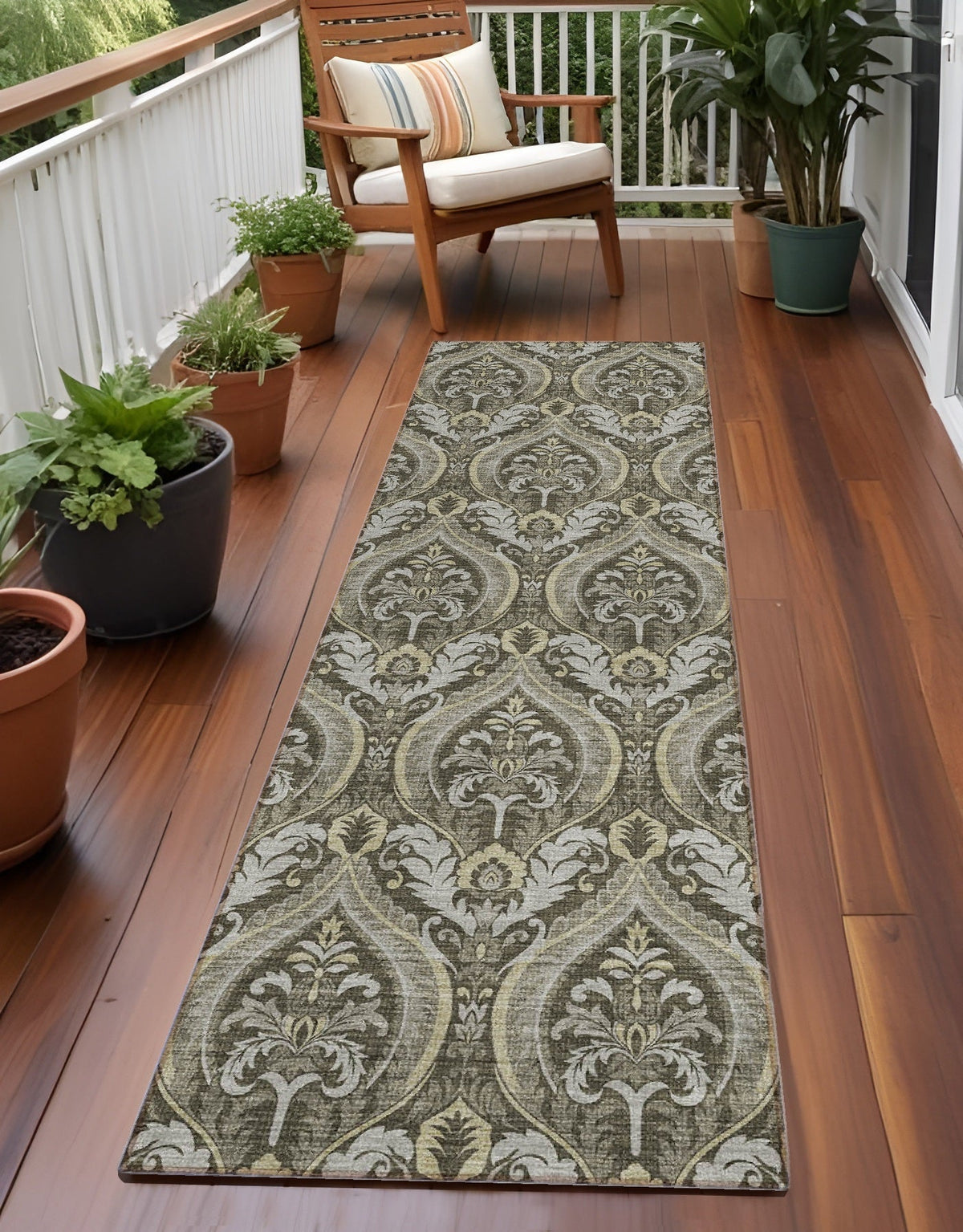8' Runner Taupe and Beige Damask Washable Non Skid Indoor Outdoor Runner Rug LuxuryLifeWay Online Store