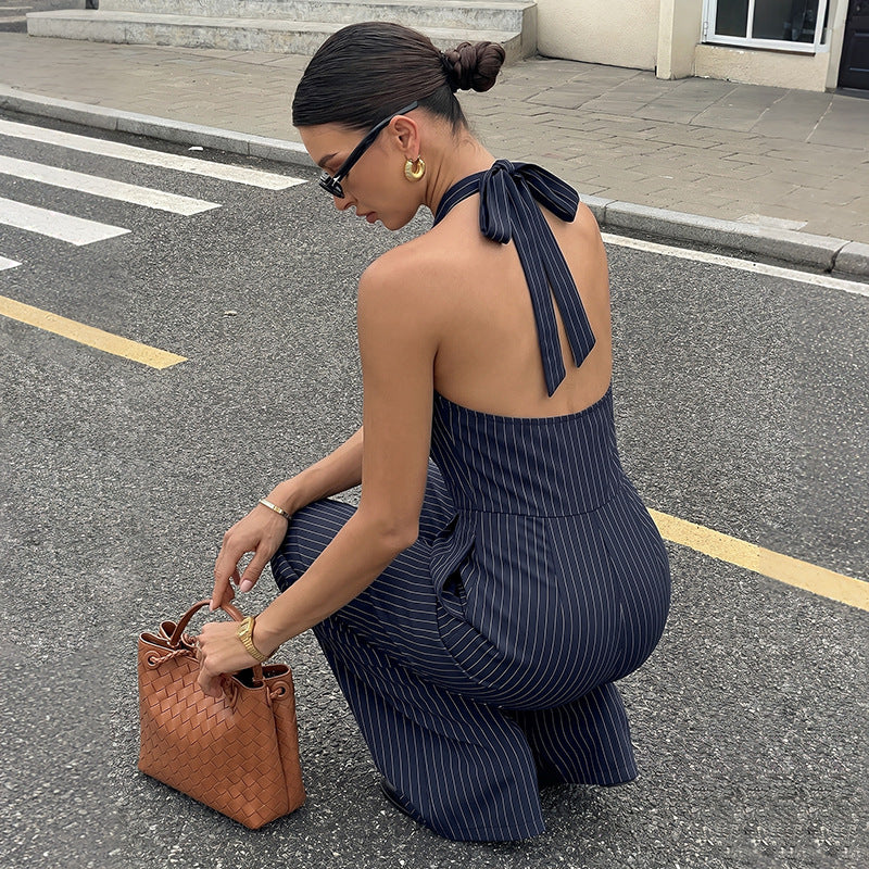 Navy Pinstripe Halter V Neck Button Front Wide Leg Jumpsuit NorixaFashion.com