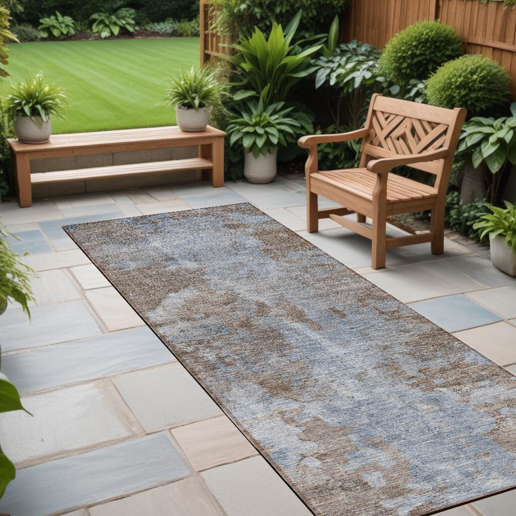 8' Runner Mocha and Blue Abstract Washable Non Skid Indoor Outdoor Runner Rug LuxuryLifeWay Online Store