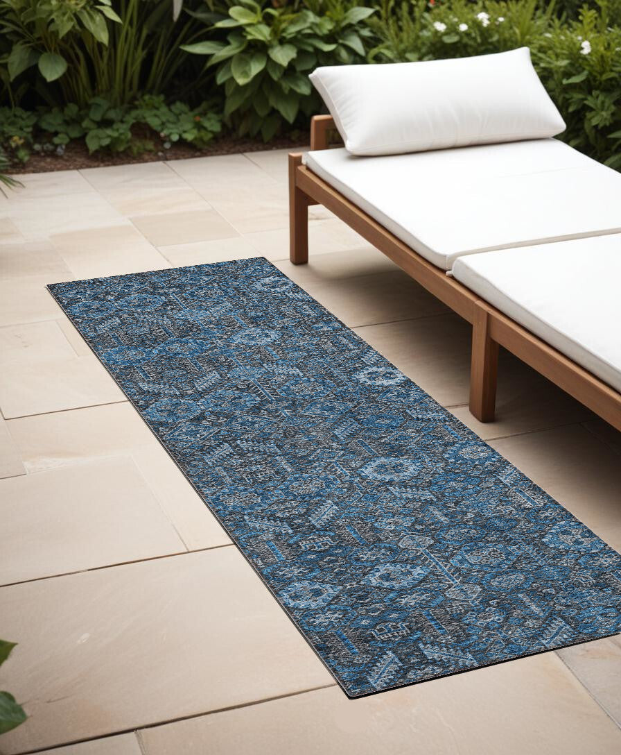 8' Runner Blue and Black Floral Washable Non Skid Indoor Outdoor Runner Rug LuxuryLifeWay Online Store