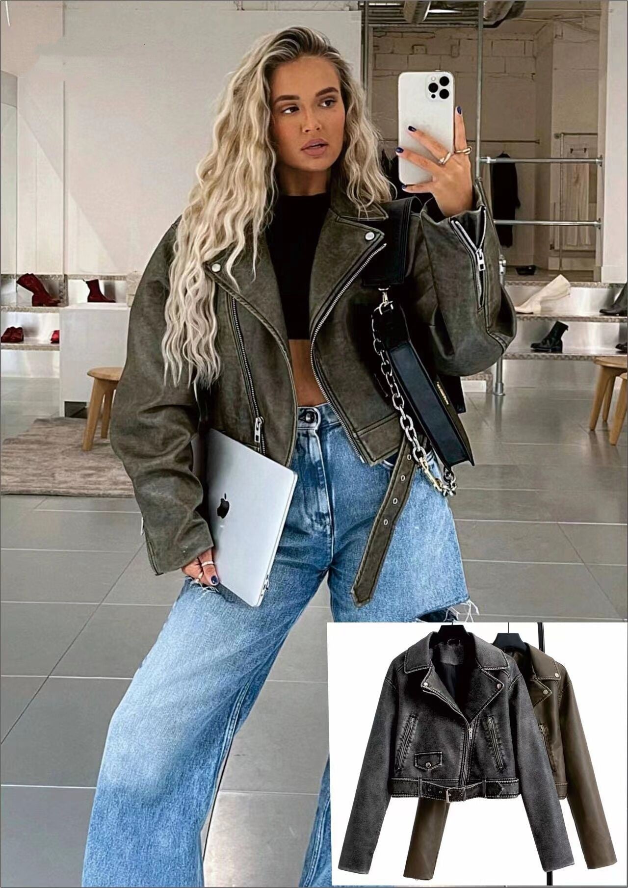 Women's Washed Leather Worn Motorcycle Leisure Jacket Leather Coat LadyShow.Store