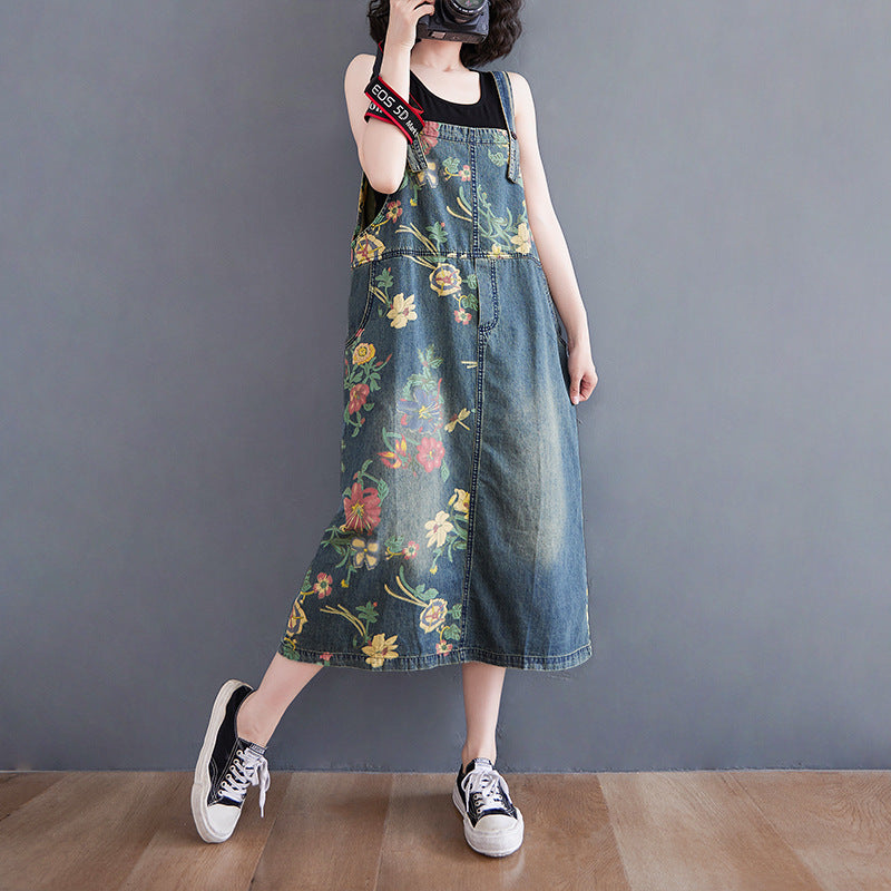 Women's Plus Size Retro Age-reducing Denim Print Suspender Skirt LadyShow.Store