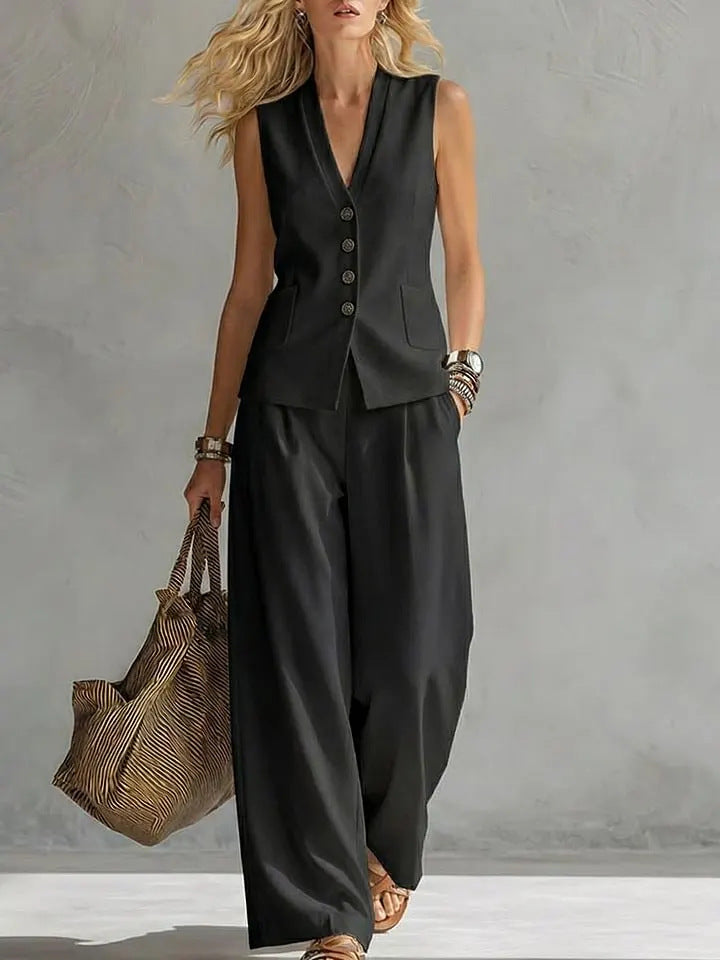 Two-piece V-Neck Sleeveless Vest And Wide Leg Pants For Women Summer Solid-Colored Sleeveless Casual Linen Tank Top And Pants Set NorixaFashion.com