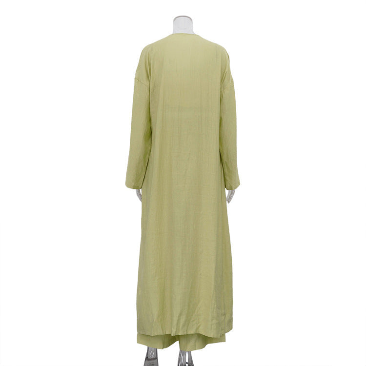 Sage Green 3-Piece Loungewear Set - Crop Top, Kimono Cardigan & Wide Leg Pants NorixaFashion.com