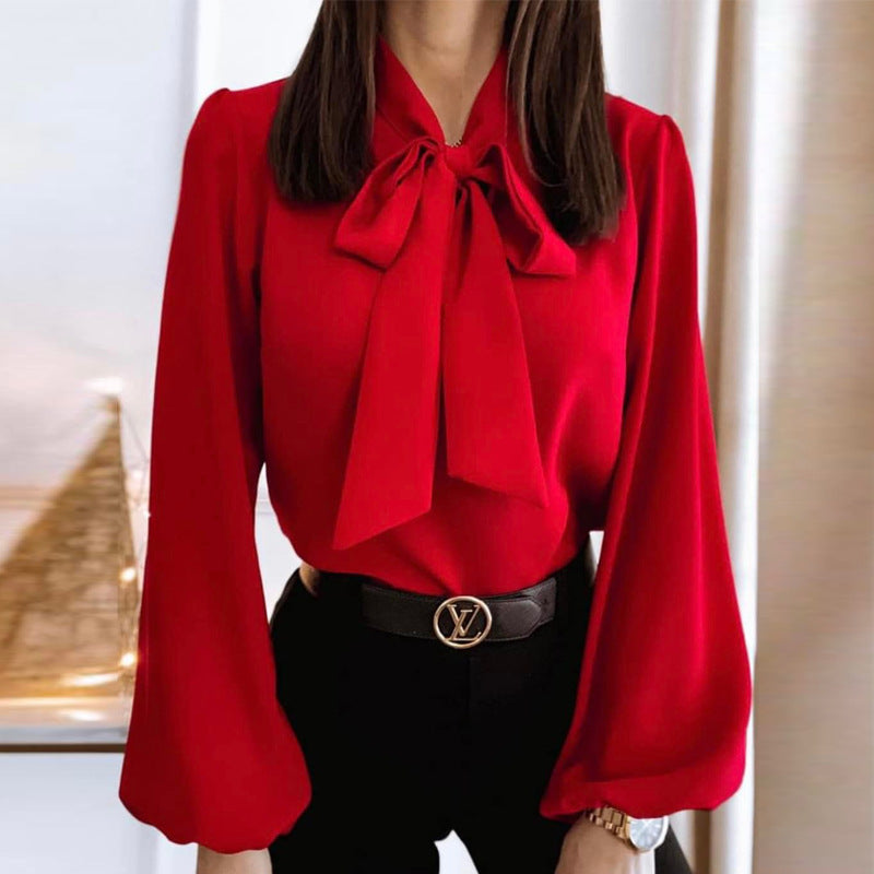 Bowknot Long Sleeve Shirt Collared Women's  Solid Color Professional Business Blouse For Work Office Wear NorixaFashion.com