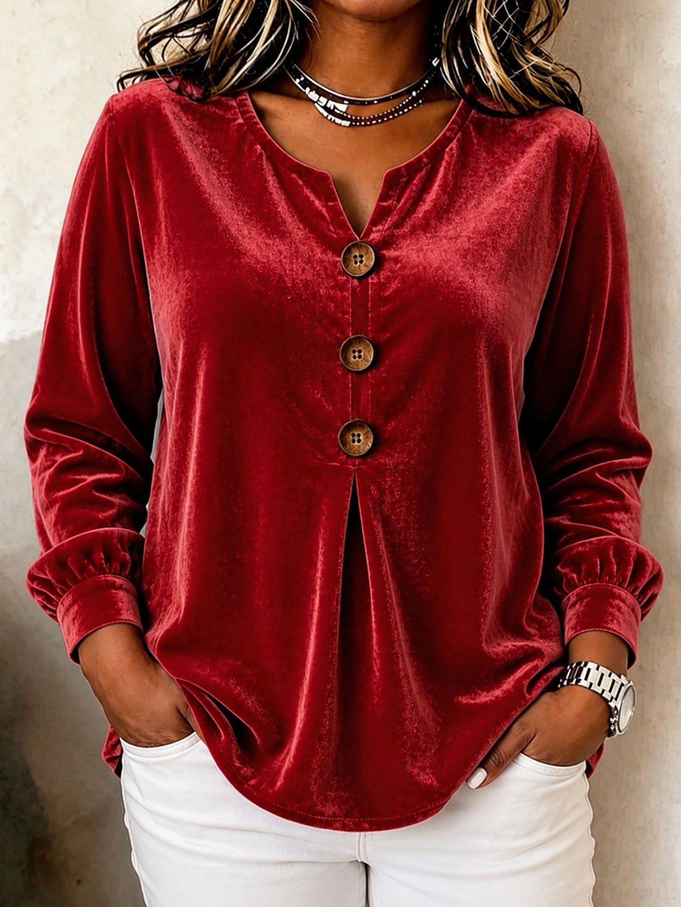 Elegant V-neck Buttoned Long-sleeve Velvet Blouse For Women NorixaFashion.com