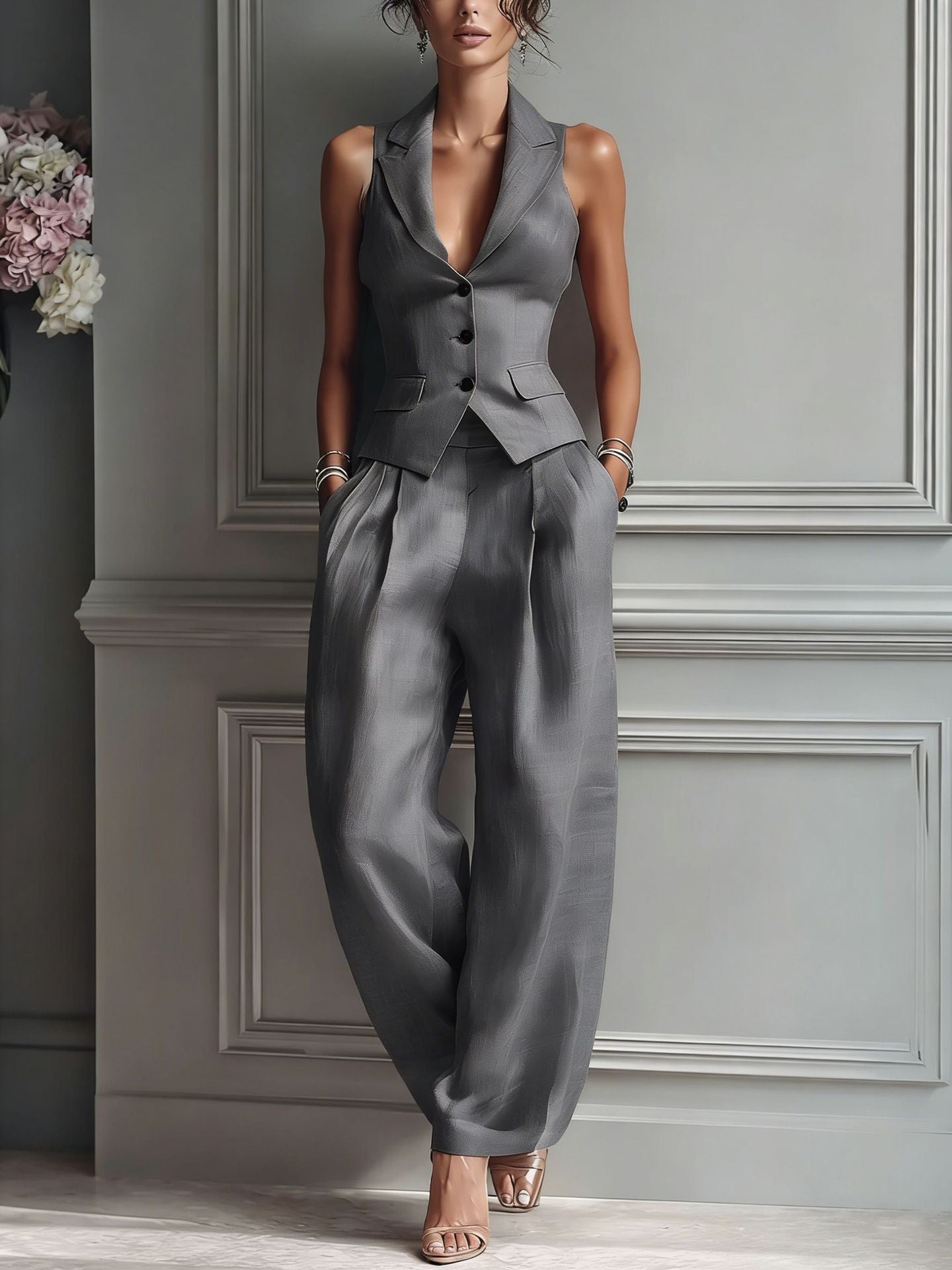 Summer Sleeveless Suit Casual Single-breasted Vest And Casual Pants Set NorixaFashion.com