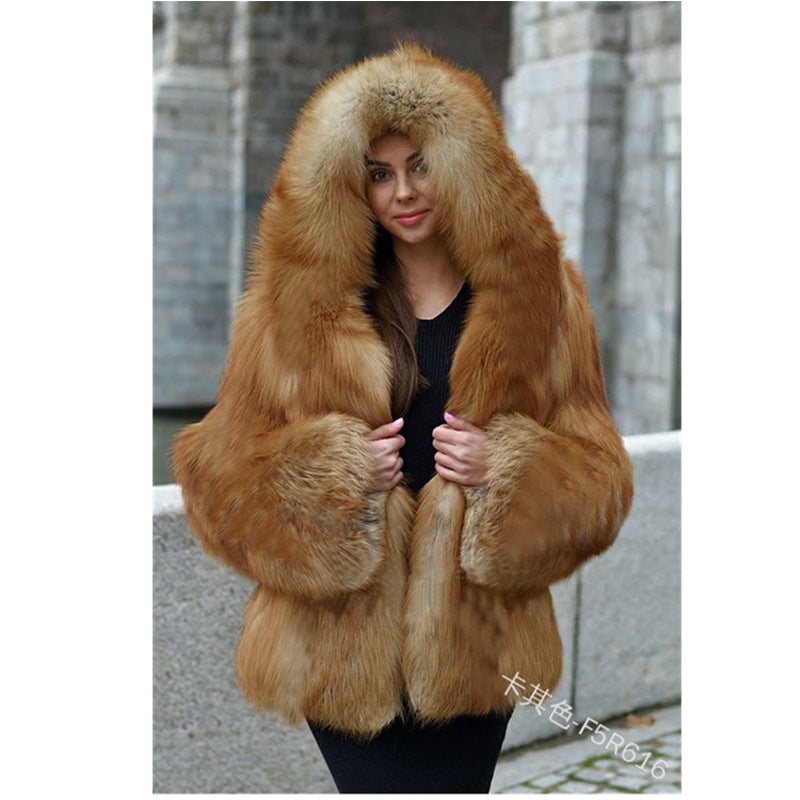 Women's Fur Coat Large Size Hooded Warm Fur Mid-Length Fox Fur Coat NorixaFashion.com