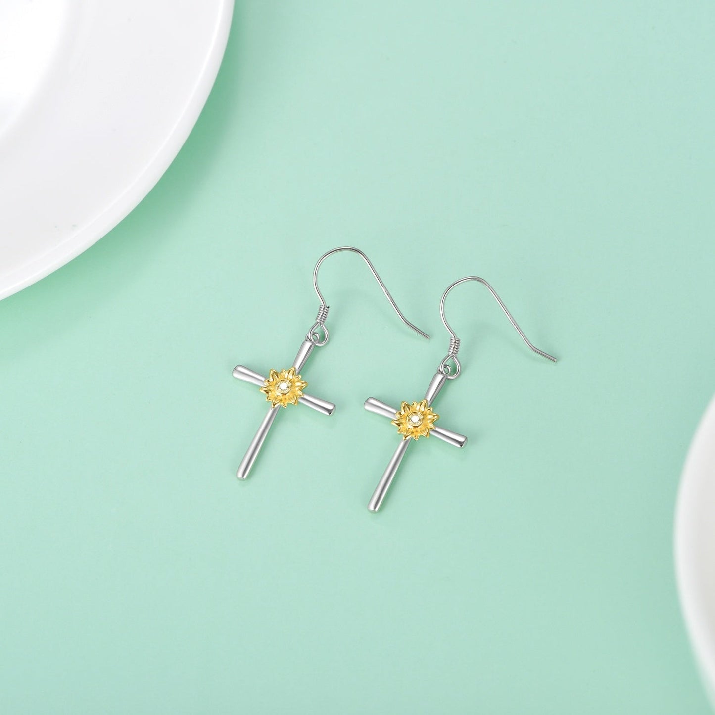 Sunflower Earrings Sterling Silver Cross Dangle Drop Hooks Earrings Sunflower Flower Jewelry Gifts for Women Teens Birthday LadyShow.Store