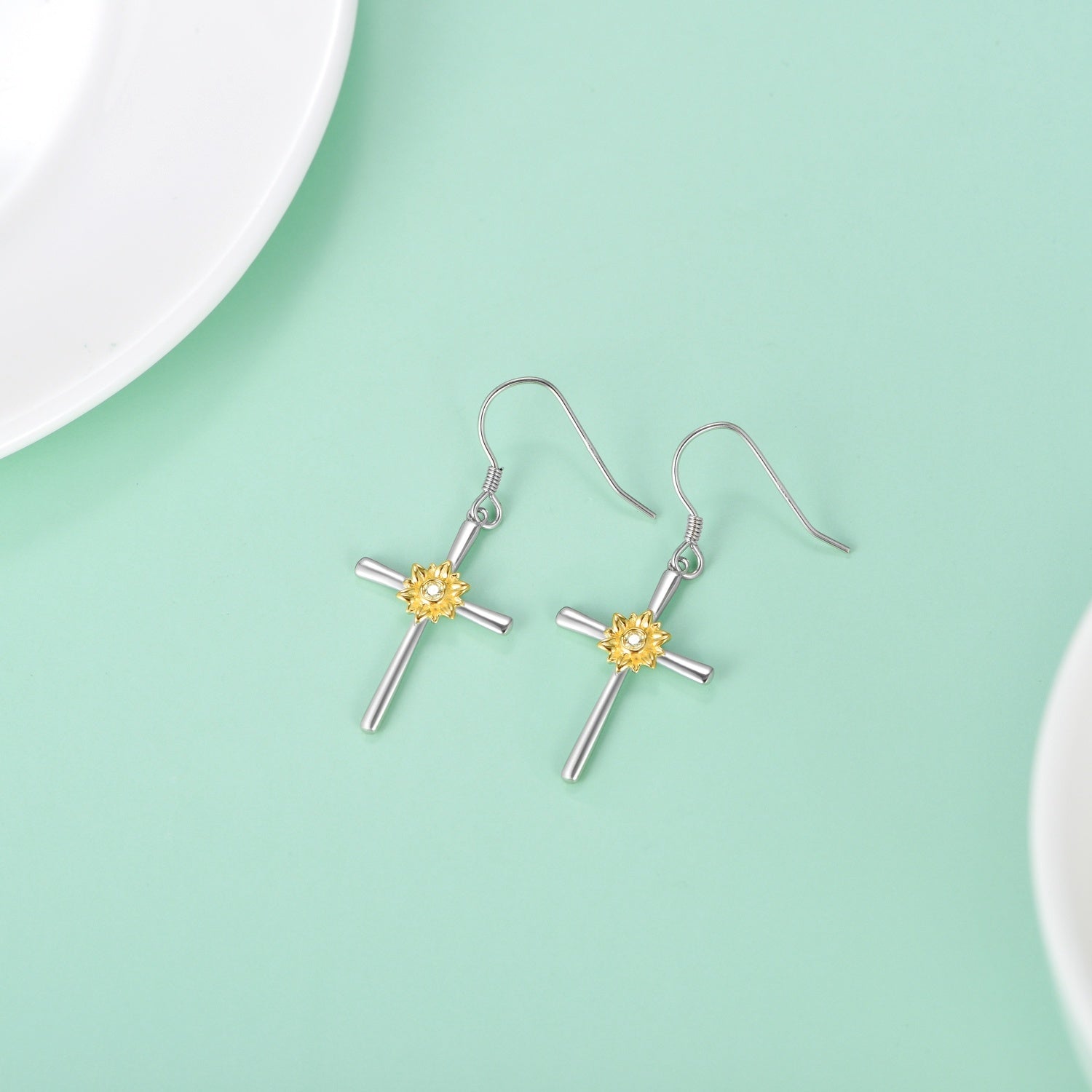 Sunflower Earrings Sterling Silver Cross Dangle Drop Hooks Earrings Sunflower Flower Jewelry Gifts for Women Teens Birthday LadyShow.Store