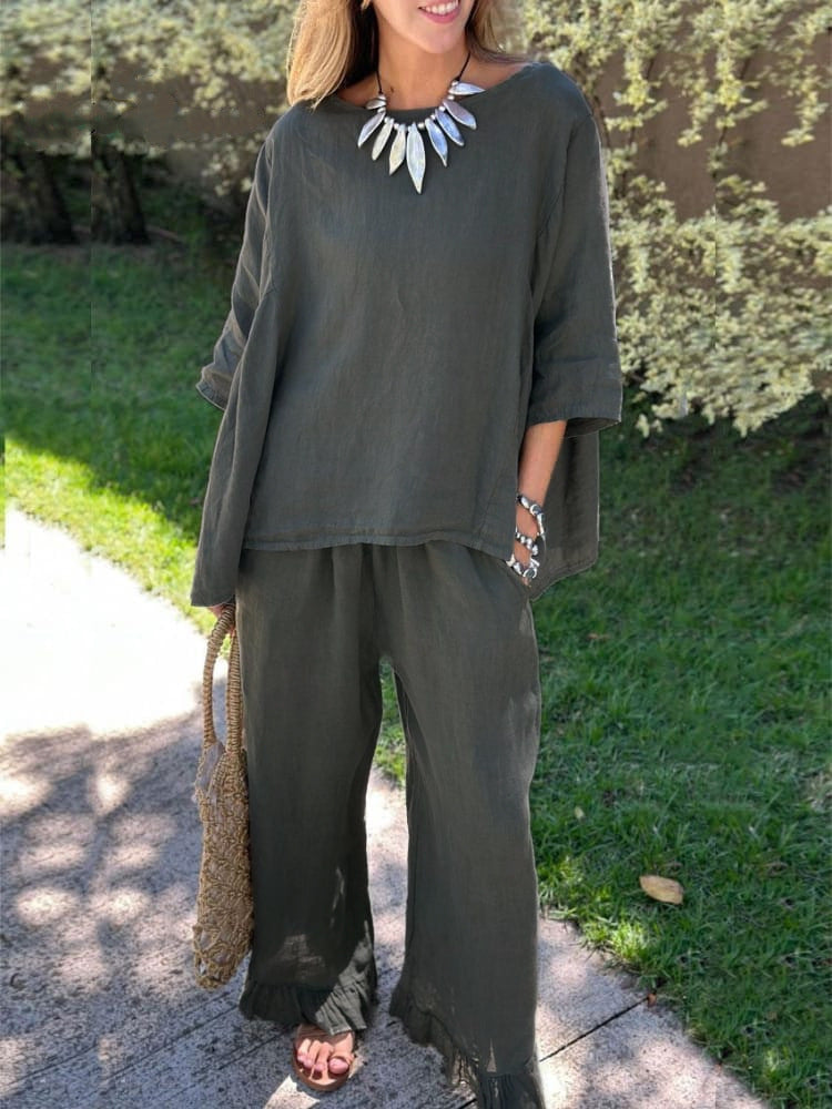 Cotton And Linen Women's Fashion Loose Trousers Two-piece Suit NorixaFashion.com
