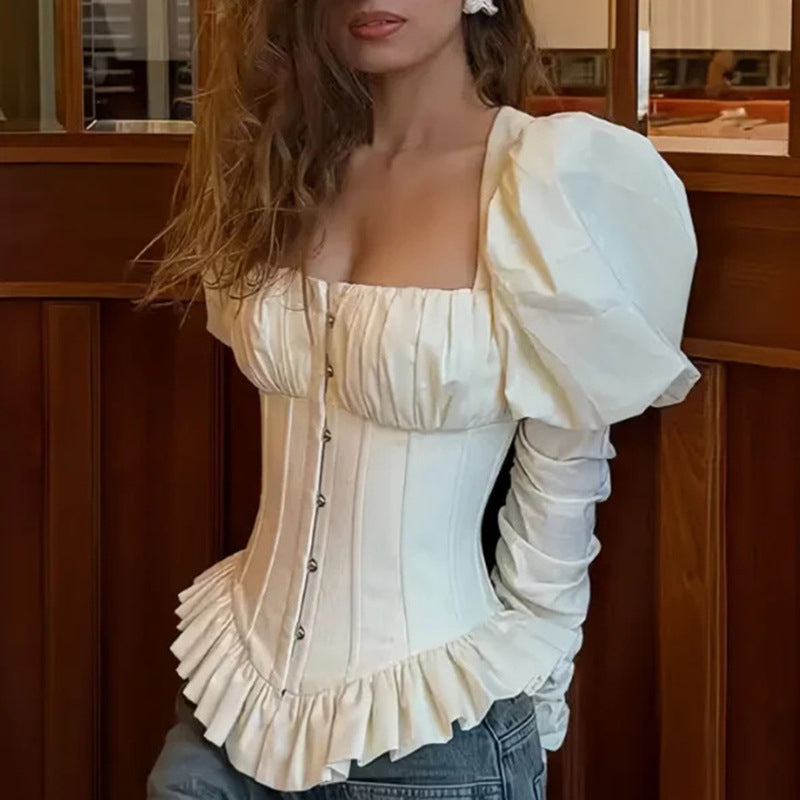 Square Neck Puff Sleeve Corset Peplum Top NorixaFashion.com