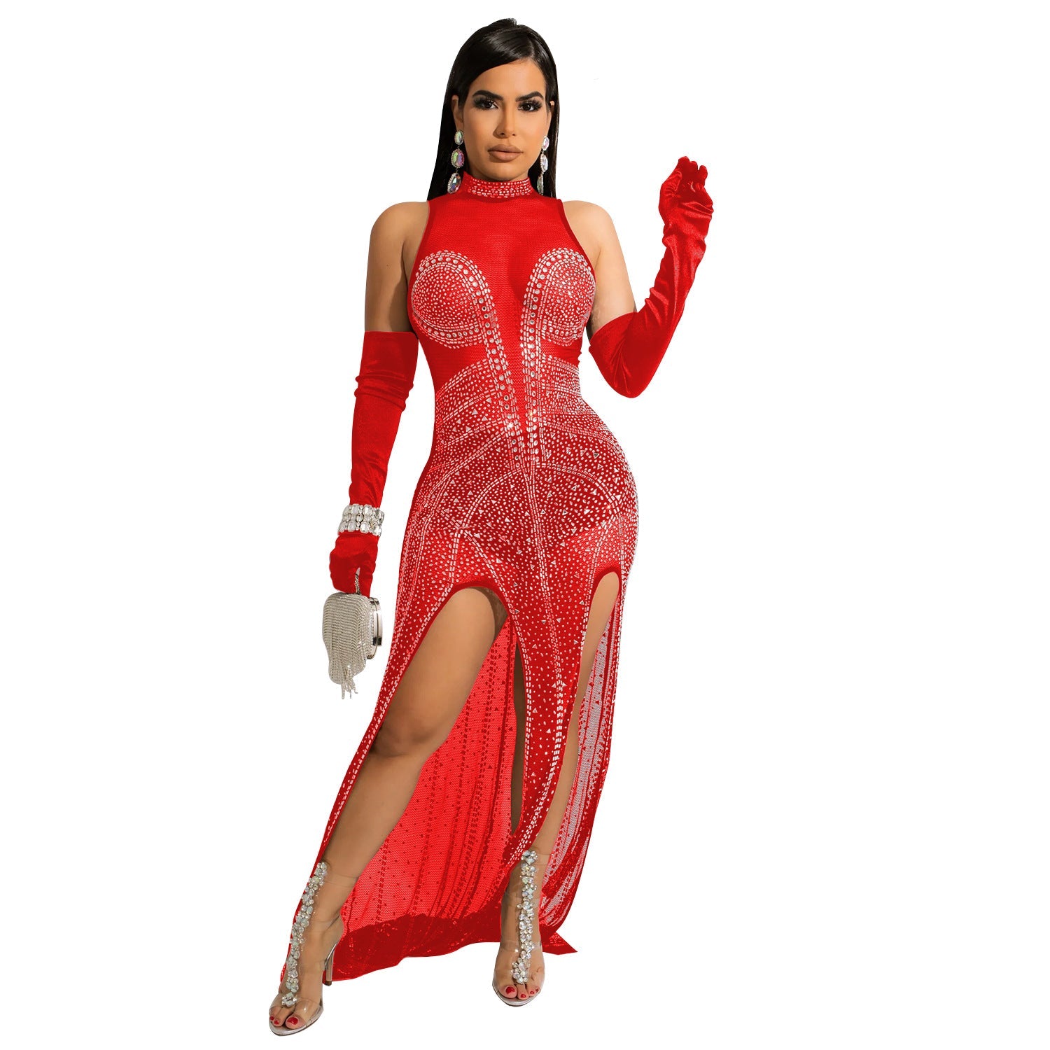 Mesh Hot Drilling See-through Dress Women NorixaFashion.com