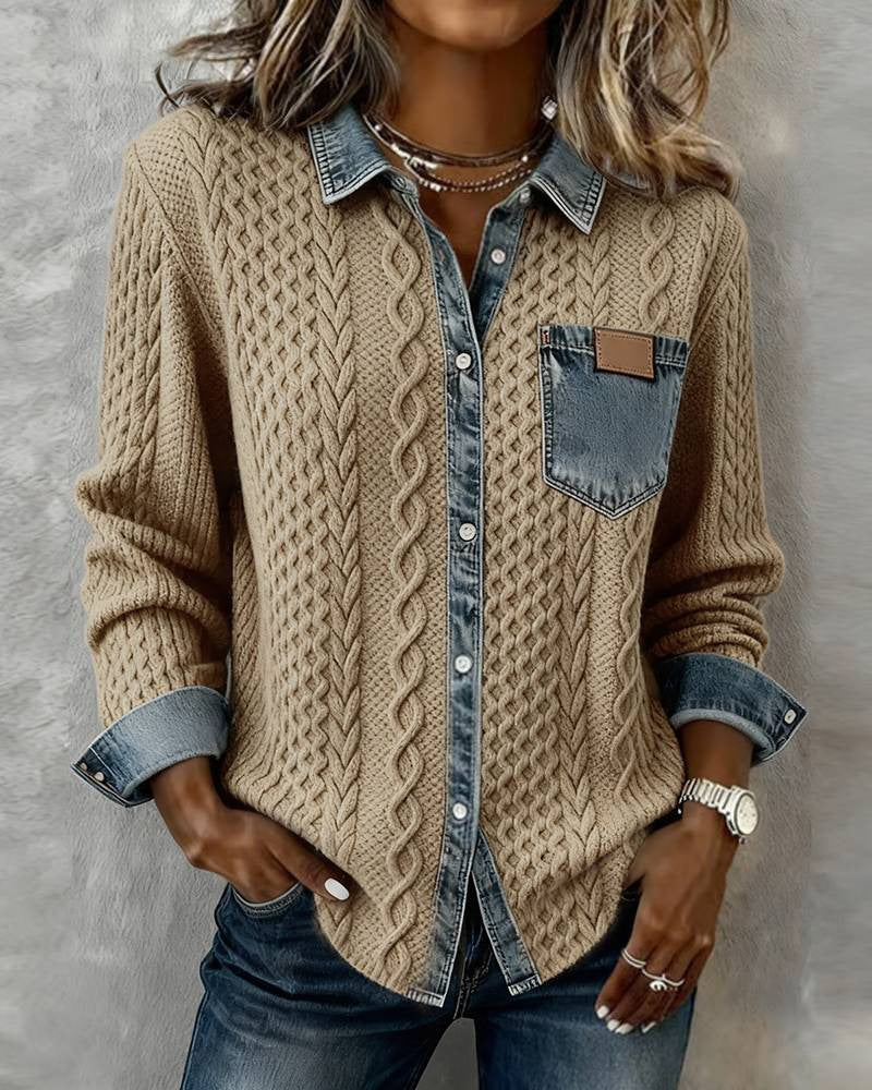 Stylish, Versatile Knitted Patchwork Denim Shirt For Women NorixaFashion.com