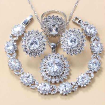 Garnet Cubic Zirconia Earrings Pendant Necklace Bracelet Ring Gift 4 PCs Set LadyShow.Store
