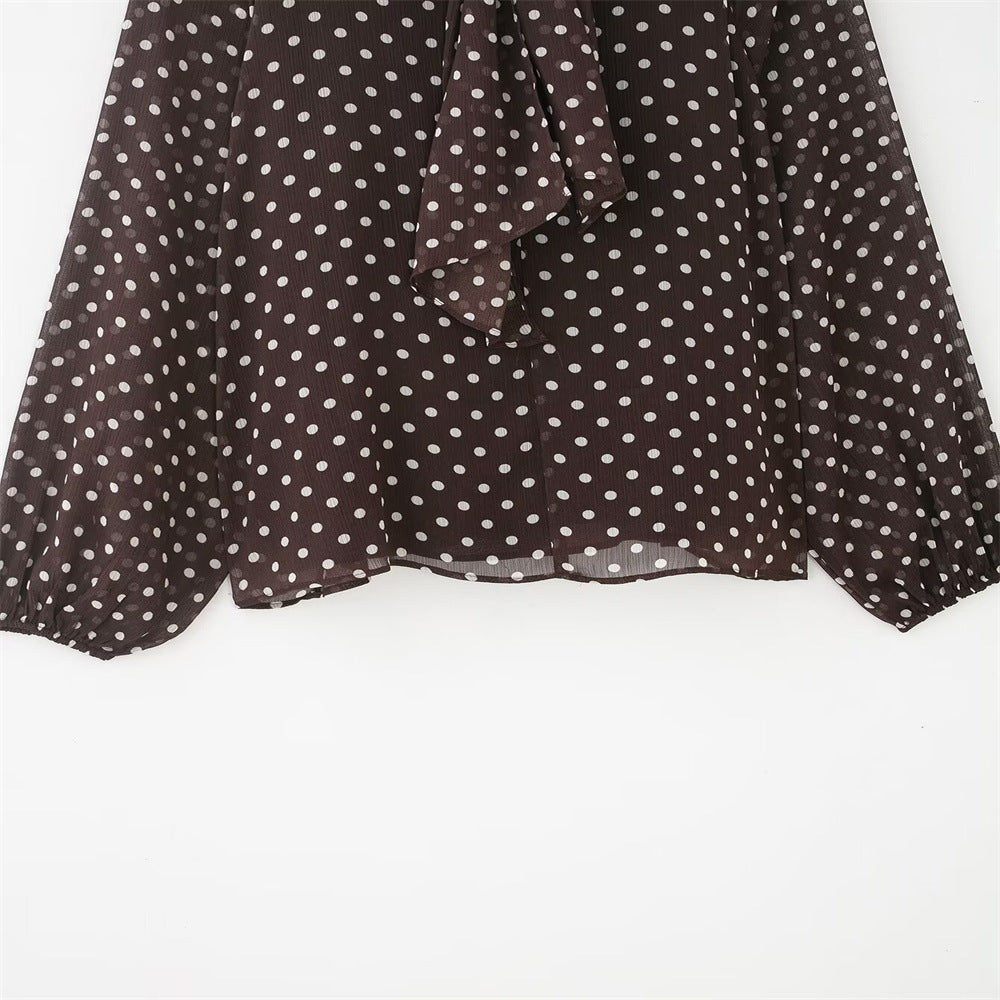 Polka Dot Long-Sleeve Shirt With Bow NorixaFashion.com