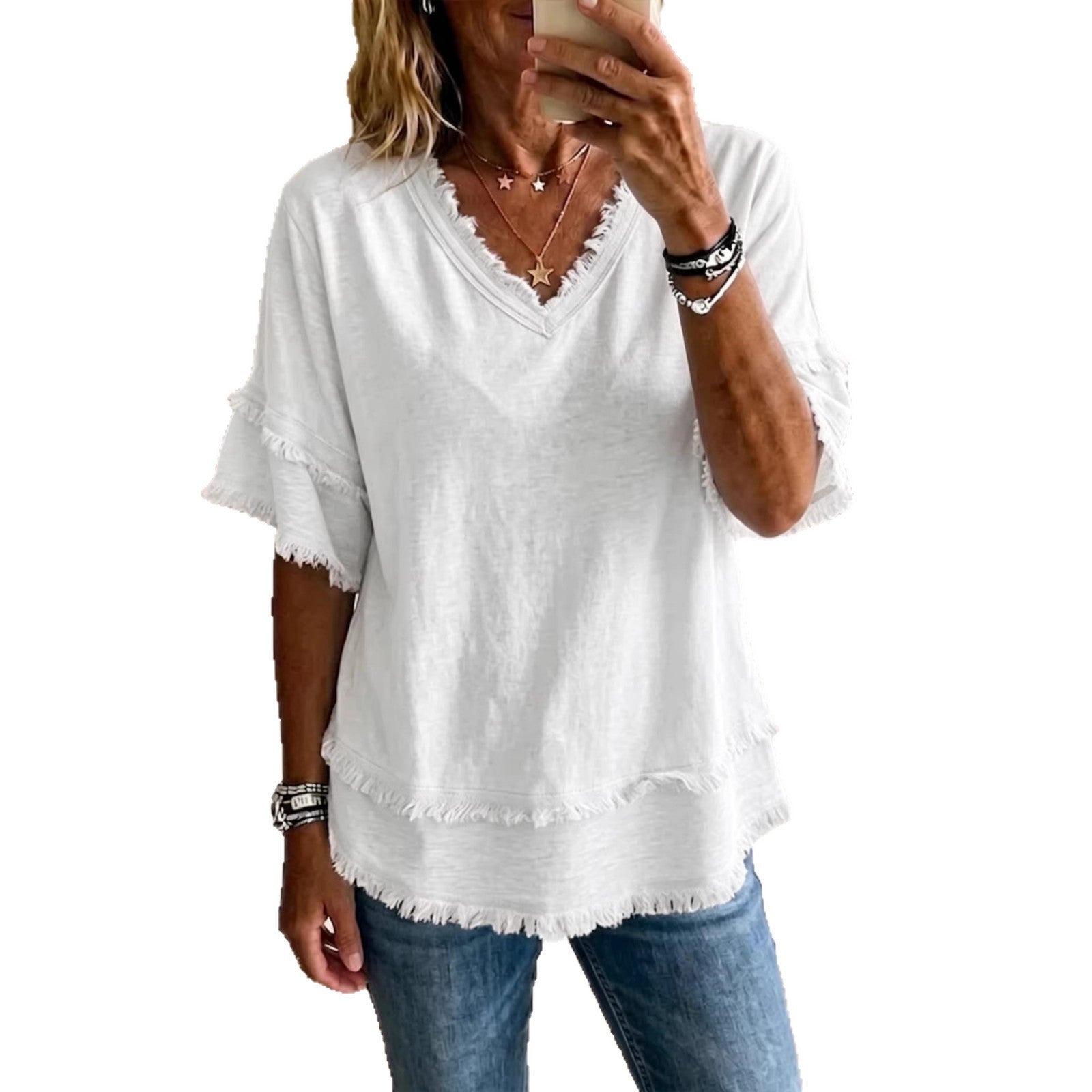 Casual Women's Shirt V-Neck Short Sleeve Loose Fit Pure Color Summer Fashion Trend Pullover Tops For Daily Wear LadyShow.Store