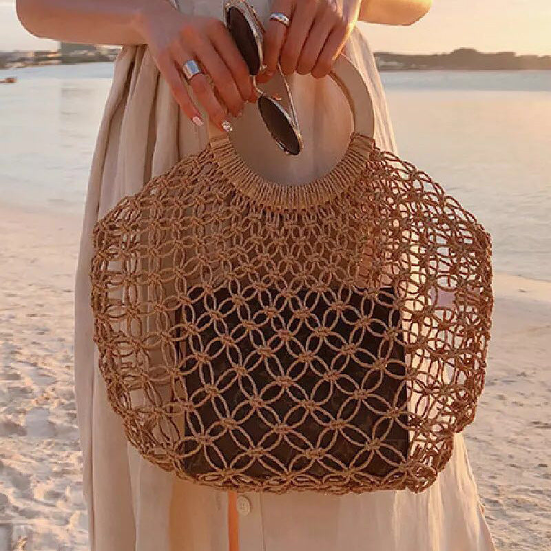 Woven Round Wooden Handle Casual Women's Handbag