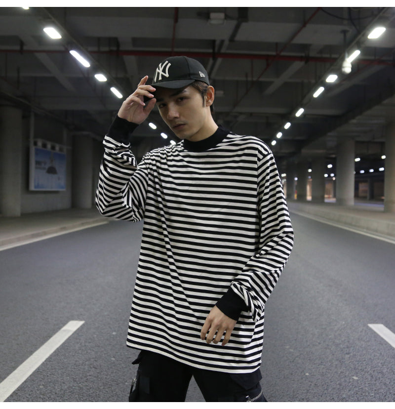 Oversized Striped T-Shirt with Ribbed Collar Pi-Mart