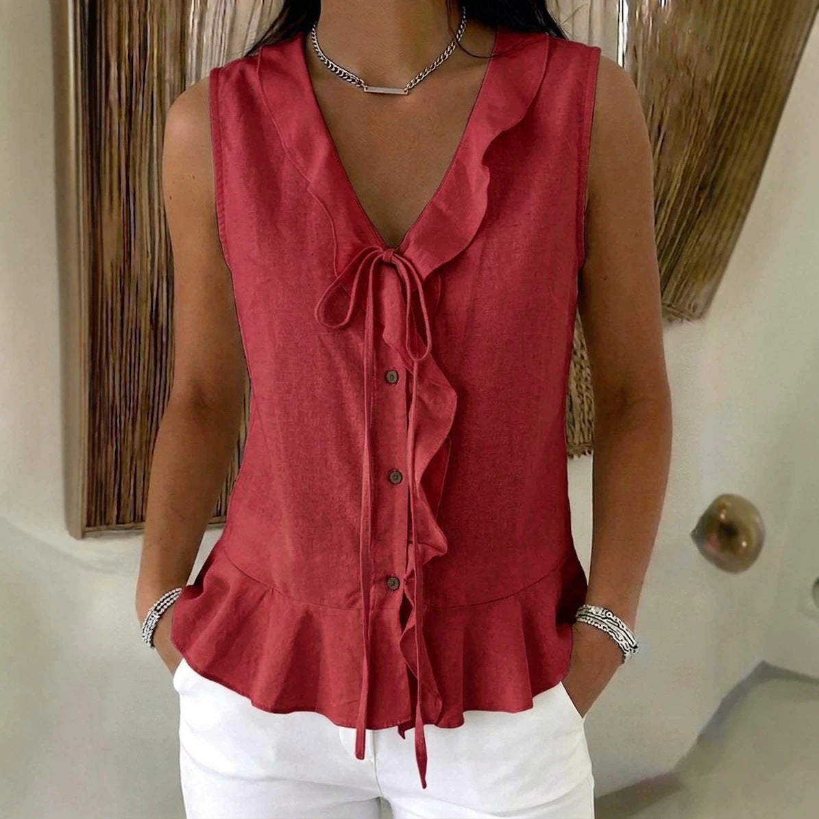 Women's Casual V-Neck Ruffle Trim Sleeveless Top NorixaFashion.com