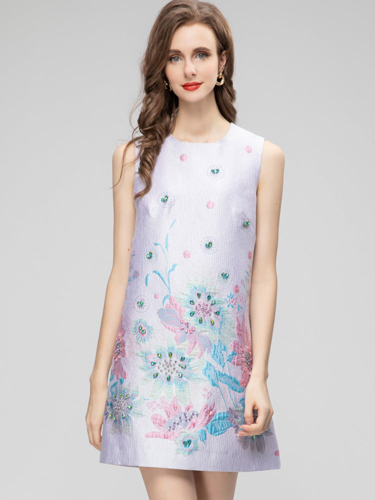Printed Sleeveless Short Jacquard Dress Women NorixaFashion.com