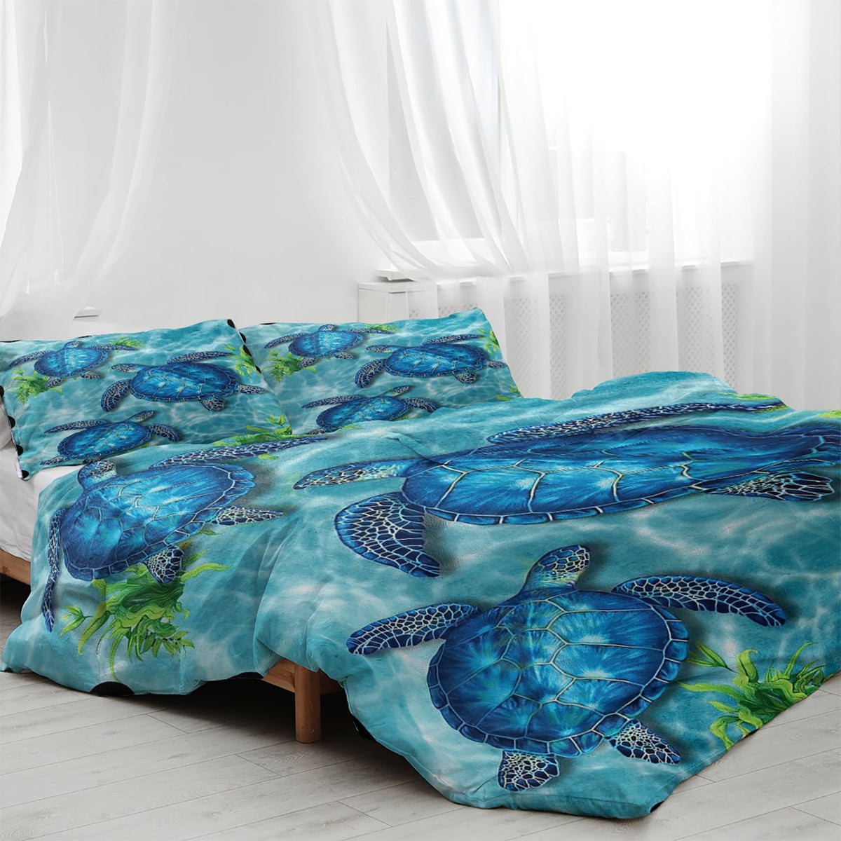 Sea Turtle Pattern Duvet Cover Set 3 Pieces King Size Soft Bedding Set With 2 Pilowcases With Zipper Closure For Home Bedroom For All Seasons PearlNestDecor.com