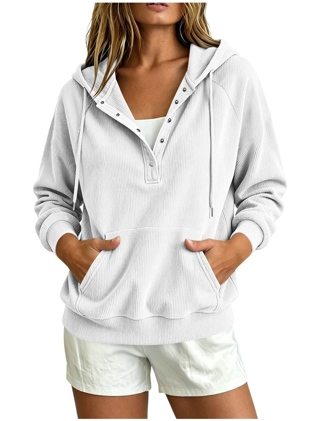 2026 Autumn New Style European Women's Dressy Corduroy Hooded Sweatshirt With Half-Closed Button And Drawstring Loose Top For Women NorixaFashion.com