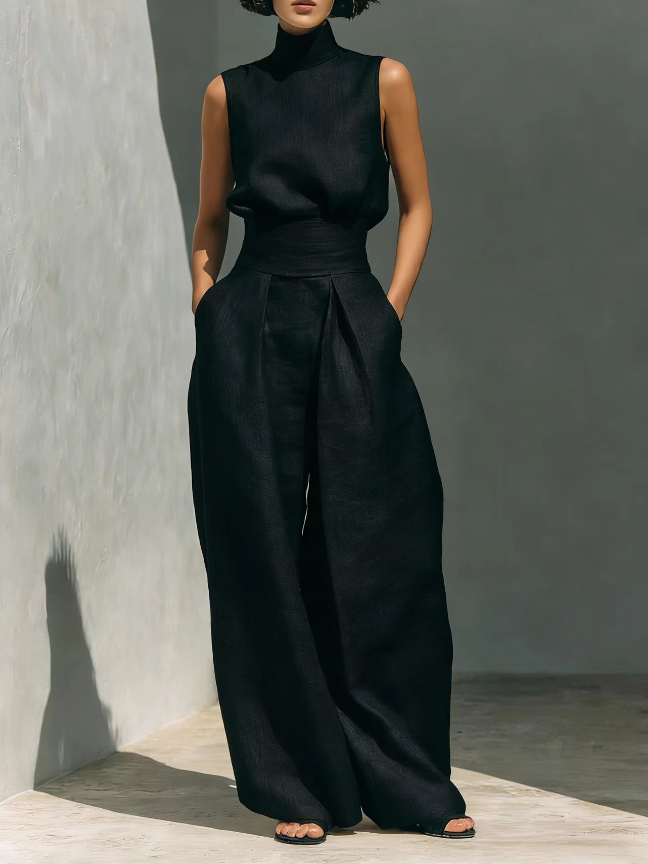Casual Sleeveless Suit Summer Stand-up Collar Pullover Top And Loose Straight-leg Trousers Women's Clothing LadyShow.Store