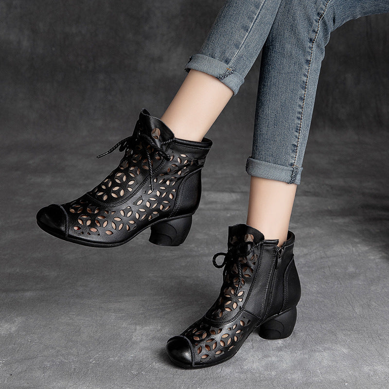 Comfortable Leather Women's Shoes Round Toe Mid Heel Chunky Heel Lace Up Sandals LadyShow.Store